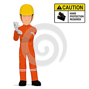 An industrial worker is putting on the gloves on white background