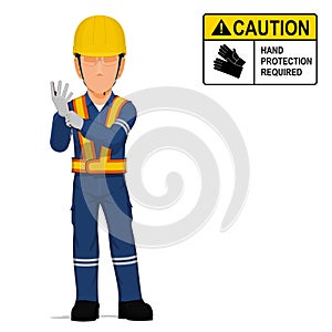 An industrial worker is putting on the gloves on white background