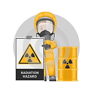 Industrial worker with radioactive hazard sign warning. Barrel toxic materials. Radiation hazard. Management of hazardous