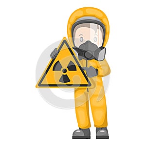 Industrial worker with radioactive hazard sign warning. Pictogram and icon of caution of radioactive materials. Protective suit