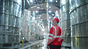 Industrial worker in red uniform inspecting large milk storage tanks