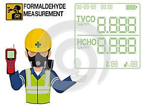 An Industrial worker with respirator is presenting display screen of the gas detector