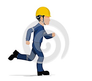 An industrial worker is running on white background