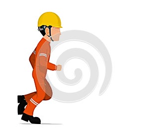 An industrial worker is running on white background