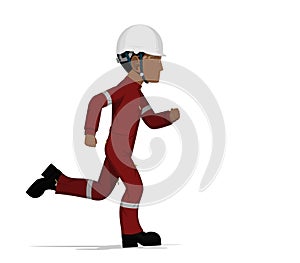 An industrial worker is running on white background