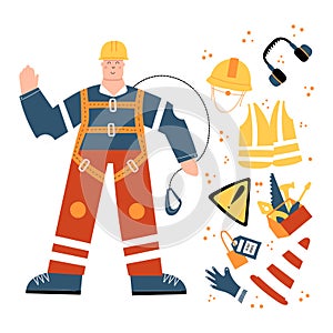 Industrial Worker in safety harness with safety equipment clipart photo