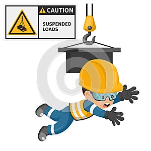 Industrial worker with suspended loads hazard sign warning. Caution icon and pictogram. Work accident. Worker with personal