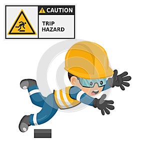 Industrial worker with trip hazard sign warning. Caution icon and pictogram. Work accident. Worker with personal protective