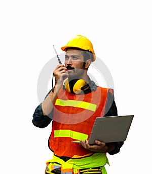 Industrial worker using walkie talkie isolated