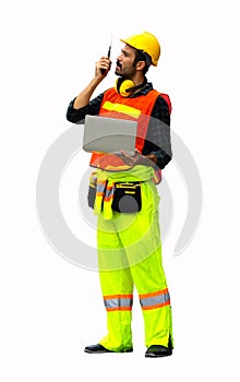 Industrial worker using walkie talkie isolated
