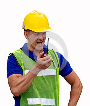 Industrial worker using walkie talkie isolated