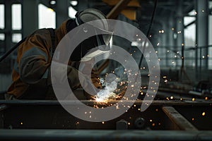 Industrial worker, welder welding steel in factory. Metal manufacture with specialized equipment,