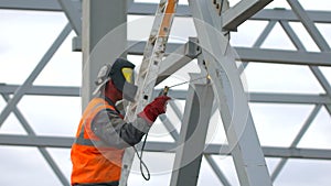 Industrial worker welding of metal structures, welder man male worker soldering steel beam structure on new building on