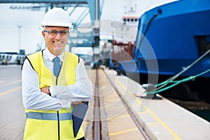 Industrial worker working on a shipping port to export stock, containers and packages. Portrait of logistics, business