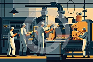 Industrial workers assembling complex machinery using high-tech tools and equipment in a factory