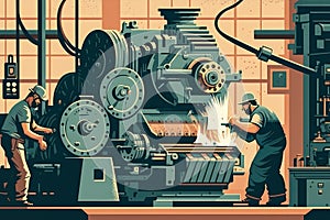 Industrial workers assembling complex machinery using high-tech tools and equipment in a factory
