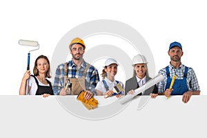 Industrial workers with blank banner