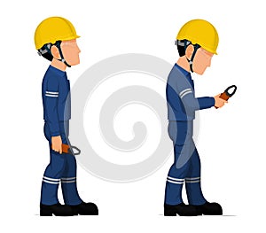 Industrial workers with clamp meter on white background