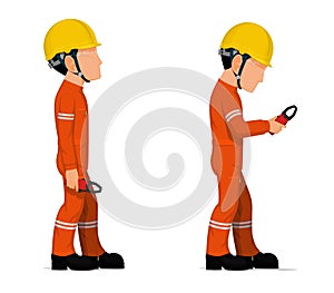 Industrial workers with clamp meter on white background