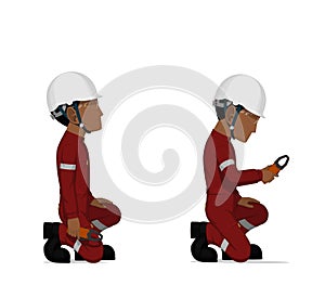 Industrial workers with clamp meter on white background