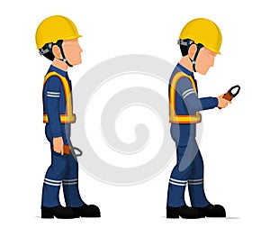 Industrial workers with clamp meter on white background