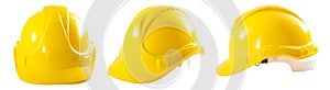 Industrial workers or construction site safety equipment concept with a multiple angle image of a yellow hard hat isolated on