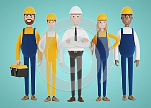 Industrial workers. Construction team. Engineer, technician and workers of various professions.