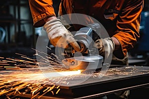 Industrial workers in a factory welding steel structure with sparks. Metalwork manufacturing