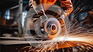 Industrial workers in a factory welding steel structure with sparks. Metalwork manufacturing