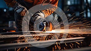 Industrial workers in a factory welding steel structure with sparks. Metalwork manufacturing