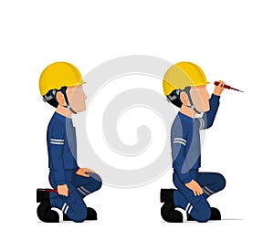 Industrial workers with screwdriver tester on white background