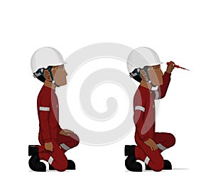 Industrial workers with screwdriver tester on white background