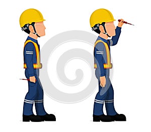 Industrial workers with screwdriver tester on white background