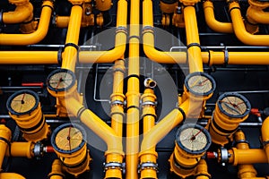 Industrial Yellow Gas Pipes with Valves and Meters.