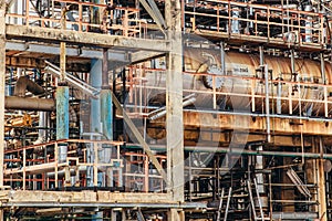 Industrial zone,The equipment of oil refining,Close-up of industrial pipelines of an oil-refinery plant,Detail of oil pipeline wit