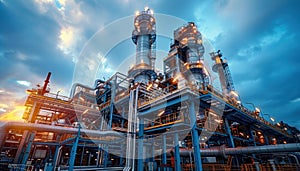 Industrial zone with oil refinery complex and storage tanks at sunset with orange cloudy sky