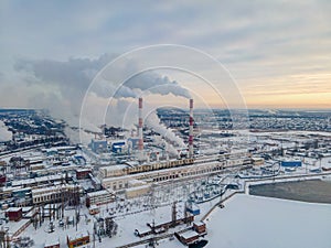 Industrial zone with pipe thick white smoke is poured from the factory chimney