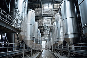 Industrial zone, Steel pipelines and cables in blue tones in a factory, Modern Granary elevator. Silver silos on agro-processing