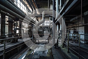 Industrial zone, Steel pipelines and cables in a power plant. Inside an industrial factory with metal pipelines, Ai Generated