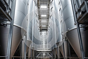 Industrial zone, Steel pipelines, cables and walkways in a factory, Modern Granary elevator. Silver silos on agro-processing and