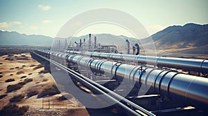 Industrial zone, Steel pipelines and valves against blue sky background