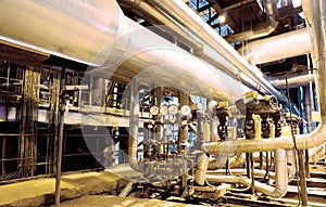 Industrial zone, Steel pipelines, valves, cables and walkways