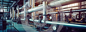 Industrial zone, Steel pipelines, valves and pumps. A large industrial pipe system in a factory. Generative AI