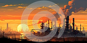 Industrial zone at sunset, with silhouettes of machinery and buildings against a colorful sky. Generative Ai