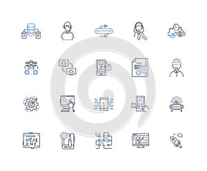 Industrialization line icons collection. Mechanization, Modernization, Urbanization, Automation, Industrialism