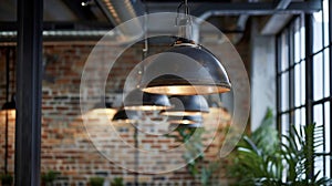 An industrialstyle loft apartment with exposed brick walls and metal beams illuminated by a series of industrial metal