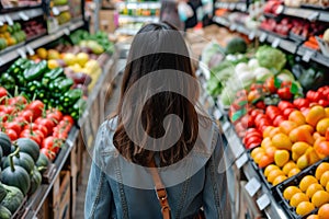 Industrious Back view woman shopping food. Generate Ai photo