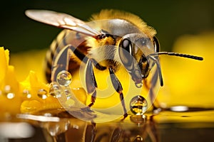 Industrious Macro bee drops. Generate Ai