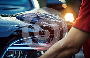 Industrious Man washing car headlight with rag closeup. Generate Ai