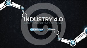 Industry 4.0 banner with robotic arm. Smart industrial revolution, automation, robot assistants. Vector illustration.